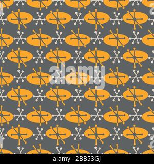 Retro abstract oval and star burst vector seamless pattern background. Mid century backdrop in brown and orange. Geometric design. Minimal fifties Stock Vector