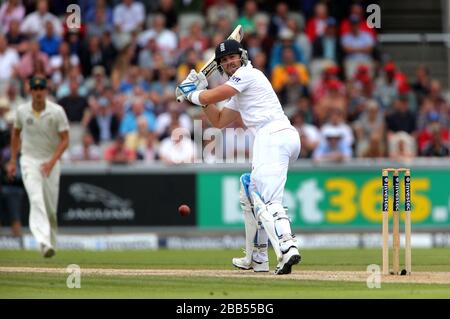 England batsman Matthew Prior scores 4 runs during day four of the Third Investec Ashes test match at Old Trafford Cricket Ground, Manchester. Stock Photo