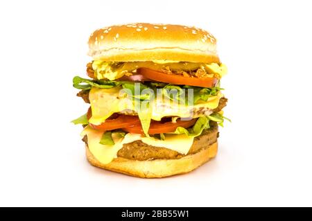 Double meat and cheese burger on white background Stock Photo