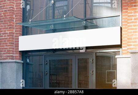 Blank white rectangular box store entrance mockup, glass brick wall Stock Photo