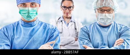 Frontline medics team with and without various face masks facing pandemic. Arms crossed male and female doctors in protective gear fighting COVID-19. Stock Photo