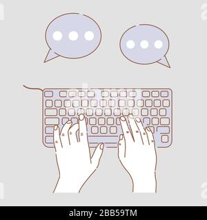 Hands typing on modern computer keyboard vector cartoon illustration with speech bubbles. Hands of user, doing business, online dating, chatting, web communications outline concept. Stock Vector