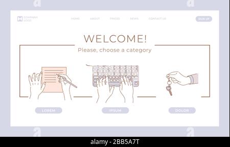 Mortgage loan, rent car vector landing page concept. Hands making checklist, shopping list or drawing up contract, and hands typing on keyboard, holding keys vector cartoon outline illustration. Stock Vector