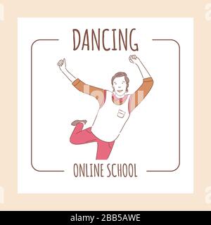 Online dancing school banner design template with text space. Happy dancing man in casual clothes rising hands up vector cartoon outline illustration. Disco, dancing party poster design. Stock Vector