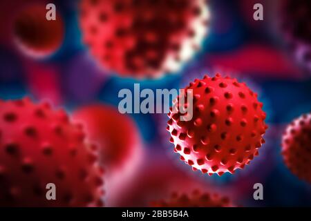 Collage of Flu COVID-19 virus cells in blood under the microscope. Coronavirus Covid-19 background. Medical concept Stock Photo