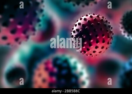 Collage of Flu COVID-19 virus cells in blood under the microscope. Coronavirus Covid-19 background. Medical concept Stock Photo