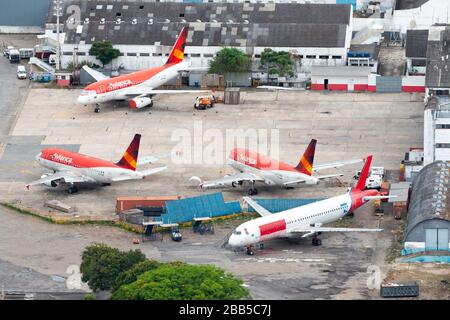 Aerial overview showing Avianca Brazil Airbus A318 stored at Congonhas Airport (CGH /SBSP) in Sao Paulo, Brazil. Brazilian airline filled for bankrupt. Stock Photo