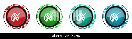 Paint brush round glossy vector icons, palette, art set of buttons for webdesign, internet and mobile phone applications in four colors options isolat Stock Vector