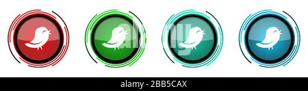 Twitter round glossy vector icons, set of buttons for webdesign, internet and mobile phone applications in four colors options isolated on white backg Stock Vector