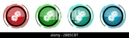 Dice, casino round glossy vector icons, set of buttons for webdesign, internet and mobile phone applications in four colors options isolated on white Stock Vector