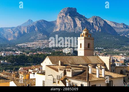 Small mountain village Polop de la Marina and Polop castle in Polop, Alicante Province, Costa Blanca, Spain Stock Photo