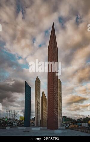 Torres de Satelite (Satellite Towers) monument landmark. Five iconic triangular towers along the highway traffic. Stock Photo