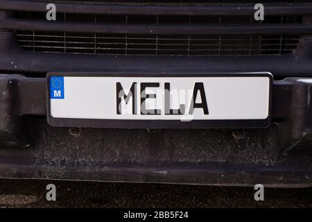 Inscription MELA on car number plate in Maltese language what means OK or alrighty: Zabbar, Malta - March 19, 2020 Stock Photo