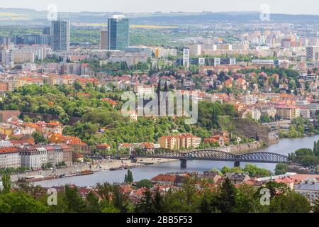 View from Petrin hill to Vyshehrad and remote modern districts of the city. Prague. Czech Republic Stock Photo