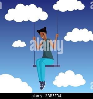 Young smiling woman in casual clothes sitting on a swing and swinging among the sky and clouds flat illustration. Girl having fun outdoor in nature, summer day, summer holidays vector concept. Stock Vector
