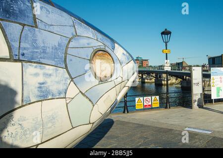 BELFAST, NORTHERN IRELAND- The Big Fish, a Belfast landmark statue by Donegall Quay Stock Photo