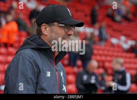 Liverpool manager Jurgen Klopp walks out of the tunnel up before the game against Sheffield United Stock Photo