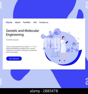 Genetic and molecular engineering landing page. Lab web site molecular and dna biotechnology, laboratory research technology illustration Stock Vector