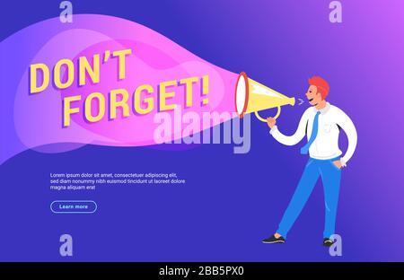 Do not forget concept vector illustration of happy manager shouting on megaphone to remind sothething for his community. Bright gradient design for we Stock Vector