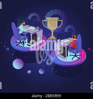 Cyber game competition. Gamer competing. Cyber championship professional, gamer esport competition, game tournament contest, vector illustration Stock Vector