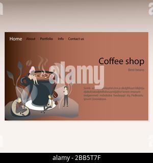 Coffee shop landing web page, break. Coffee landing page, concept espresso and cappuccino shop, cafe web site. Vector illustration Stock Vector