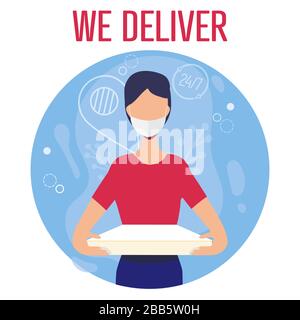The masked man is holding pizza box in his hands. Pizza delivery during pandemic. Modern world. Coronavirus. outbreak Stock Vector