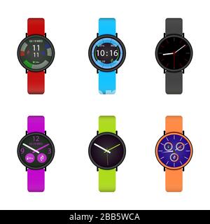 Smart watch user interface design collection. Sport clock, run device for tracking and count distance, heart rate and burn calories. Vector illustrati Stock Vector