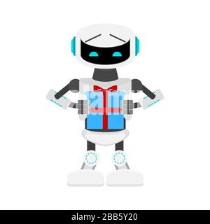 Robot present gift, birtday celebrate. Vector greeting humanoid, artificial intellect generous, service delivery bot illustration Stock Vector