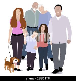 Happy family portrait, generation young and old. Grandpa and grandmother, grandparents with mother and father, daughter and son. Vector illustration Stock Vector