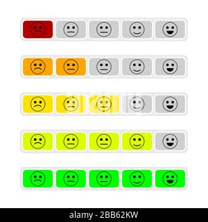 Customer rate review, colored buttons with smiles. Rating button feedback, review positive and customer mood emoticon, service quality survey. Vector Stock Vector