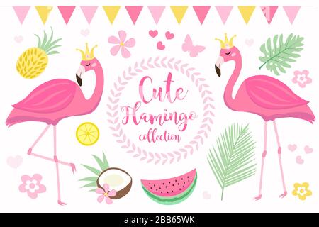 Cute princess pink flamingo set, modern cartoon style. Summer tropical collection for children with coconut, pineapple, palm leaves, flowers. Vector Stock Vector