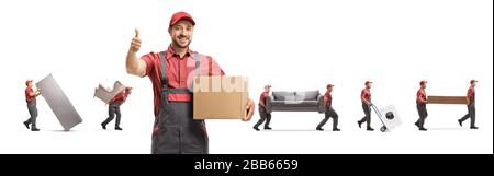 Worker holding a box and movers carrying home appliences and furniture isolated on white background Stock Photo