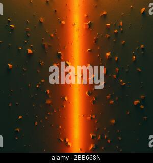 Epic cinematic background. Concrete ground divided into two parts by bright orange light. Debris scattered around. 3D illustration
