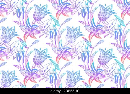 Lilies seamless pattern. Violet lilac gradient ornamental flower pattern. Vector illustration. Stock Vector