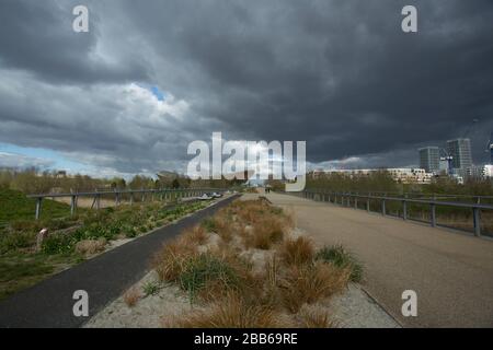 London, UK. 30th Mar, 2020. During the coronavirus in UK lockdown, empty Queen Elizabeth Olympic Park. Today Tokyo Olympics and Paralympics, new dates have been confirmed for 2021. Credit: Marcin Nowak/Alamy Live News