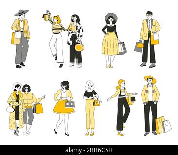 Set of people in fashion clothes. Men and women carrying purses, shopping bags with purchases vector outline cartoon illustration. Fashionable people taking part in seasonal sales, shopping. Stock Vector