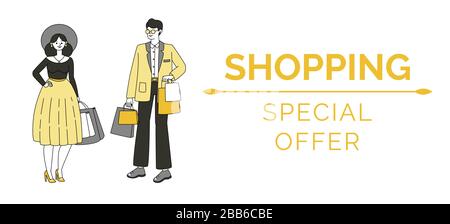 Shopping banner design template. Man and woman in fashionable clothes carrying shopping bags with purchases vector outline cartoon illustration. Seasonal sale, special offer poster concept. Stock Vector