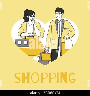 Shopping flyer design template with text space. Man and woman in heart-shaped frame wearing fashionable clothes and carrying shopping packages vector outline cartoon illustration. Stock Vector