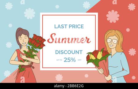Summer sale vector banner template with text space. Young smiling women holding bouquets of roses in hands vector cartoon outline illustration. Special offer, discount flyer design concept. Stock Vector