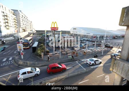 General view of a McDonald's drive through menu at ...