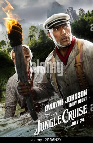 Jungle Cruise (2020) directed by Jaume Collet-Serra and starring Dwayne Johnson as Frank navigating his riverboat explorer through the Amazon rainforest in this big screen adventure based on Disneyland's theme park ride. Stock Photo