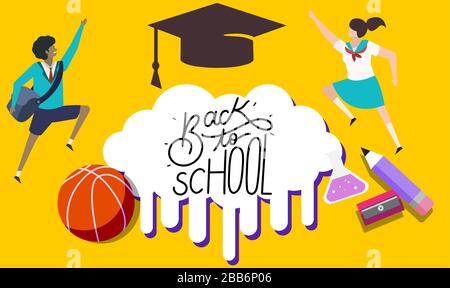 Boy and girl with school components on abstract background Stock Vector