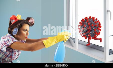 Funny housewife cleans and disinfects to keep virus away Stock Photo
