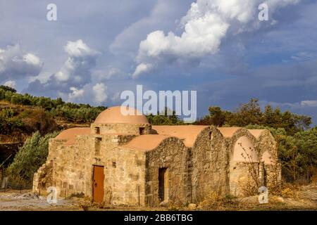 The three-aisled basilica of Agios Dimitrios, near the village of Viran Episkopi, in Rethimno region, Crete island, Greece, Europe. Stock Photo