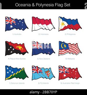 Oceania and Polynesia Waving Flag Set. The set includes the flags of Australia, Indonesia, Philippines, Papua New Guinea, New Zealand; Malaysia; Solom Stock Vector