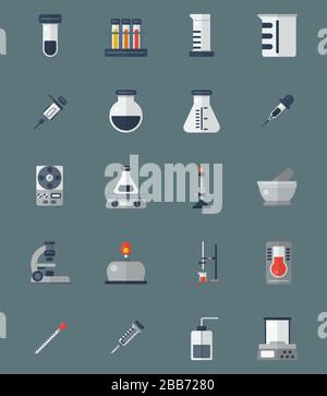 20 laboratory equipment flat icon vector illustration set. Stock Vector