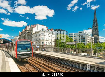 Hamburg - July 2018, Germany: Metro train is arriving at one of the stations in downtown Hamburg (Rodingsmarkt) Stock Photo