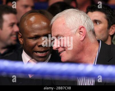 Chris Eubank (L) and promoter Barry Hearn pictured ringside during the Prizefighter 'The Light Heavyweights' boxing tournament at York Hall, Bethnal G Stock Photo