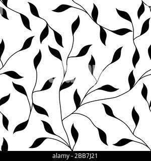 Black and White Leaves and Vines Seamless Repeating Vector Pattern Stock Vector