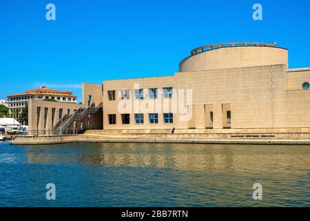 Olbia, Sardinia / Italy - 2019/07/21: Panoramic view of the Archeological Museum of Olbia - Museo Archeologico - on Gulf of Olbia island at the port Stock Photo